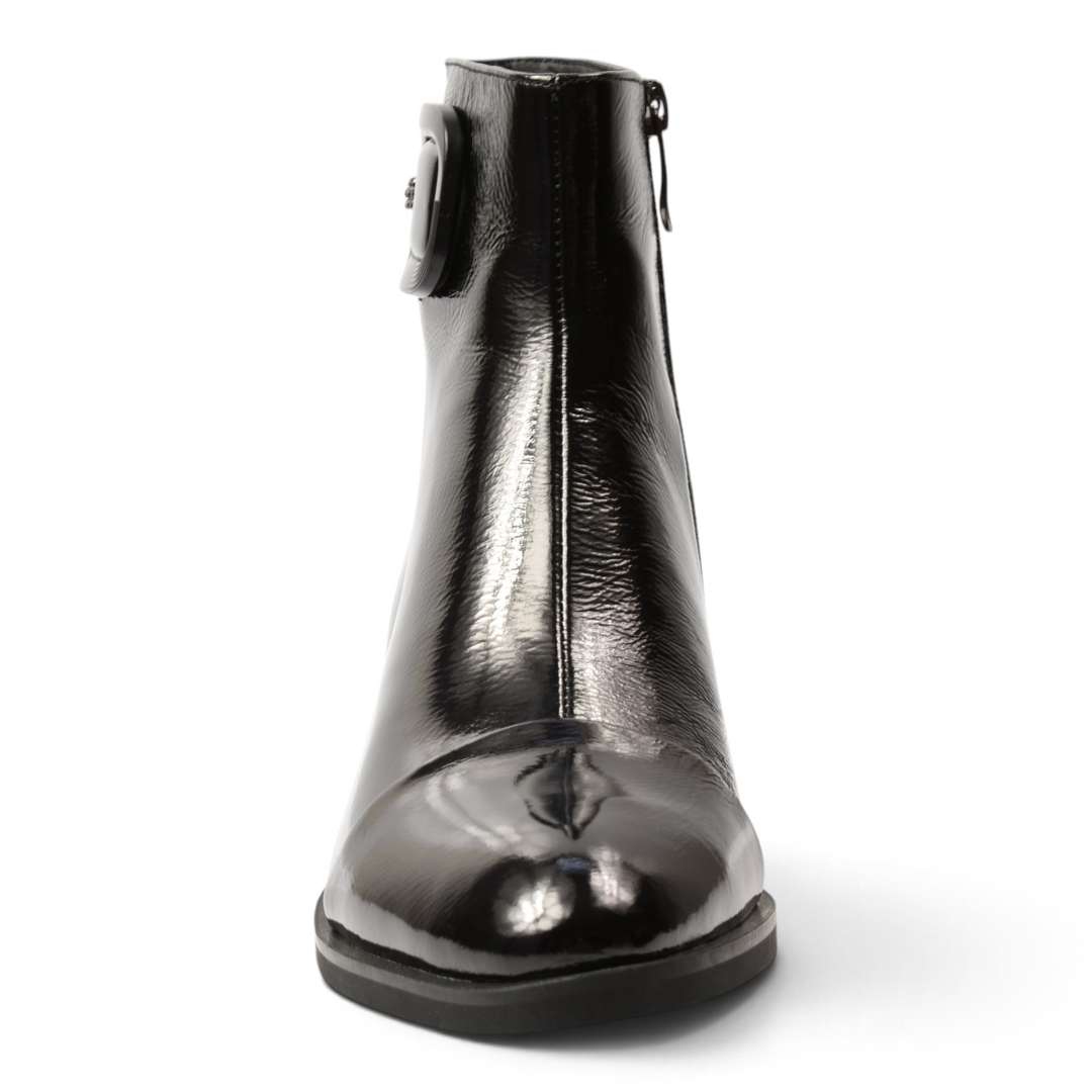 ada-shoes.ro black patent leather ankle boots with decorative buckle and sculptural block heel