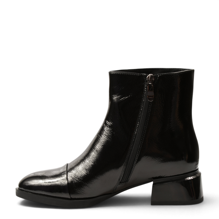 ada-shoes.ro black patent leather ankle boots with a sculptural block heel and side zipper