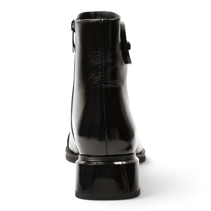 ada-shoes.ro black patent leather ankle boots with a sculptural block heel and side zipper, rear view