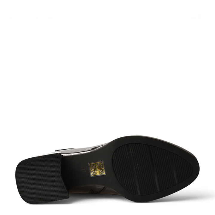 Black patent leather boot sole from ada-shoes.ro featuring a geometric block heel and textured tread pattern