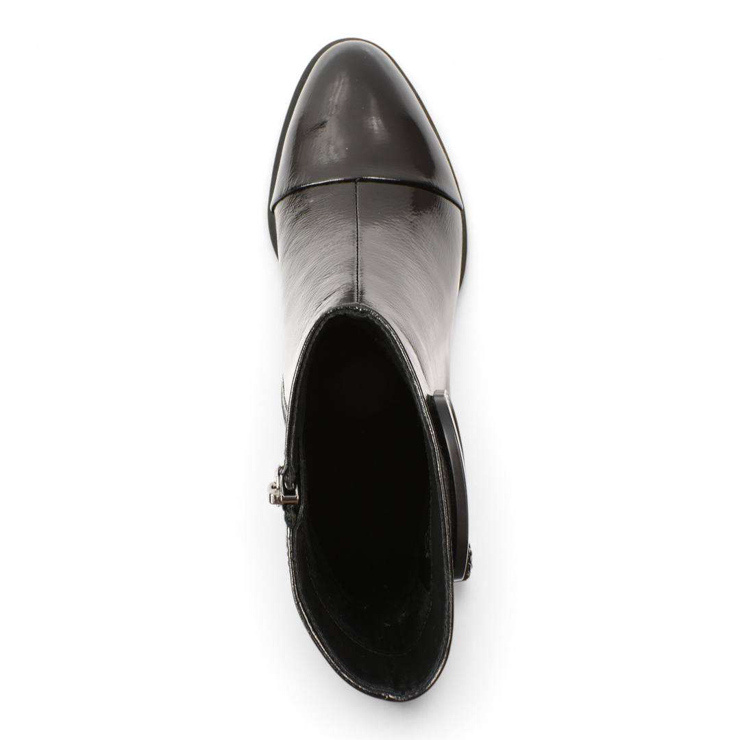 Top view of black patent leather ankle boots by ada-shoes.ro with a side buckle and sculptural block heel.