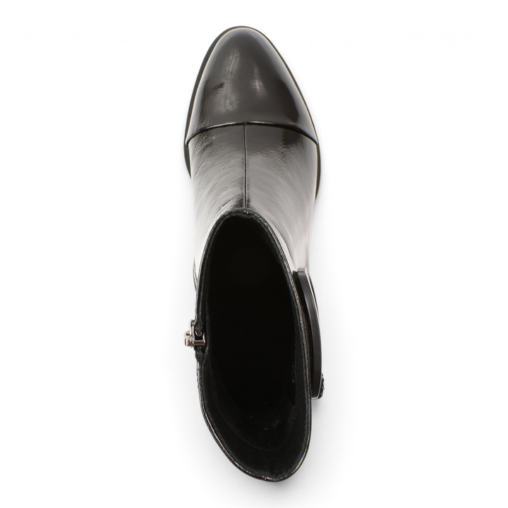 Top view of black patent leather ankle boots by ada-shoes.ro with a side buckle and sculptural block heel.