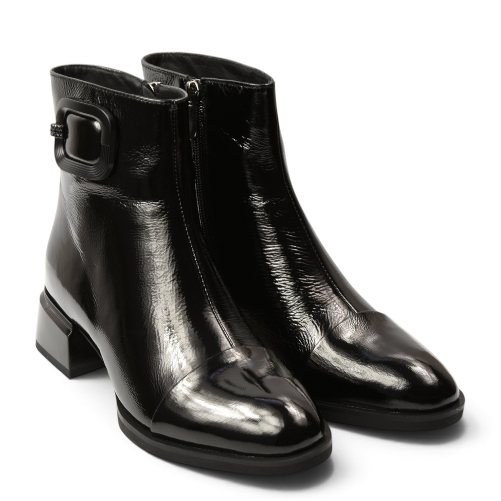 ada-shoes.ro black patent leather ankle boots with a decorative buckle and sculptural block heel