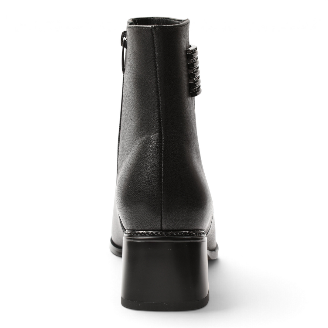 Back view of black leather Epica ankle boots with a metallic block heel and decorative side detail from ada-shoes.ro