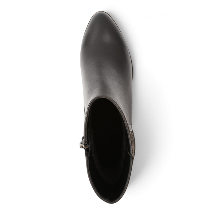 Top view of black leather Epica ankle boots with a side zipper and metallic decorative detail on a white background