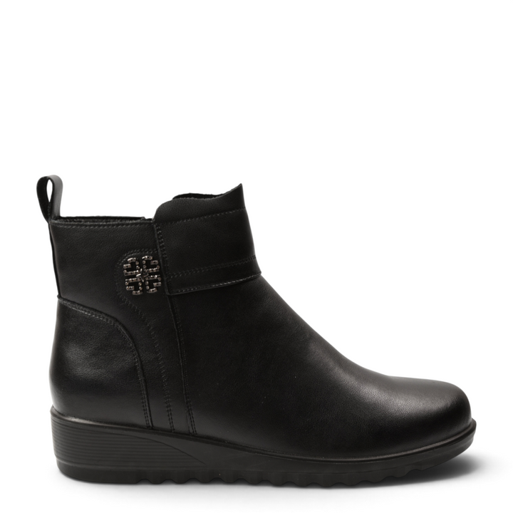 ada-shoes.ro black leather ankle boots with a low stable heel, side zipper, and decorative metallic side detail.