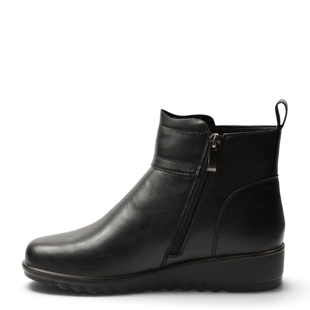 ada-shoes.ro black leather ankle boots with side zipper, low stable heel, and pull tab, side view.