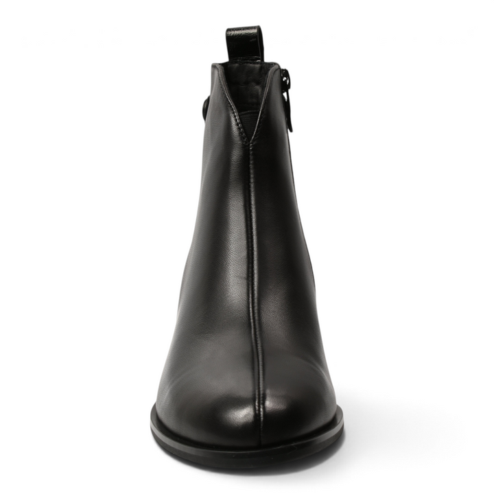 ada-shoes.ro black leather ankle boots with a V-cut detail, central seam, and stable geometric heel