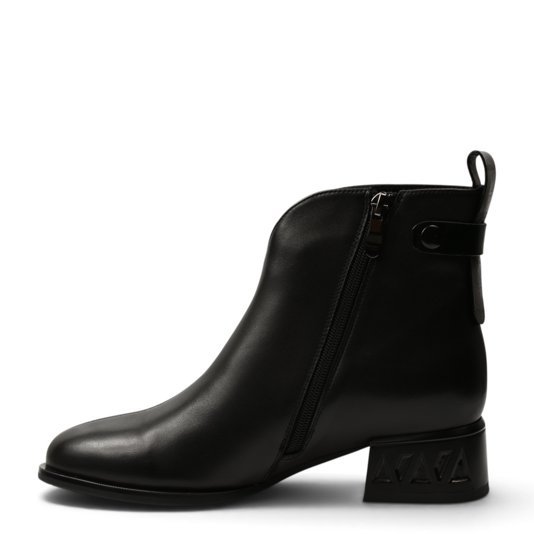 ada-shoes.ro black leather ankle boots with V-cut detail, side zipper, and geometric patterned block heel