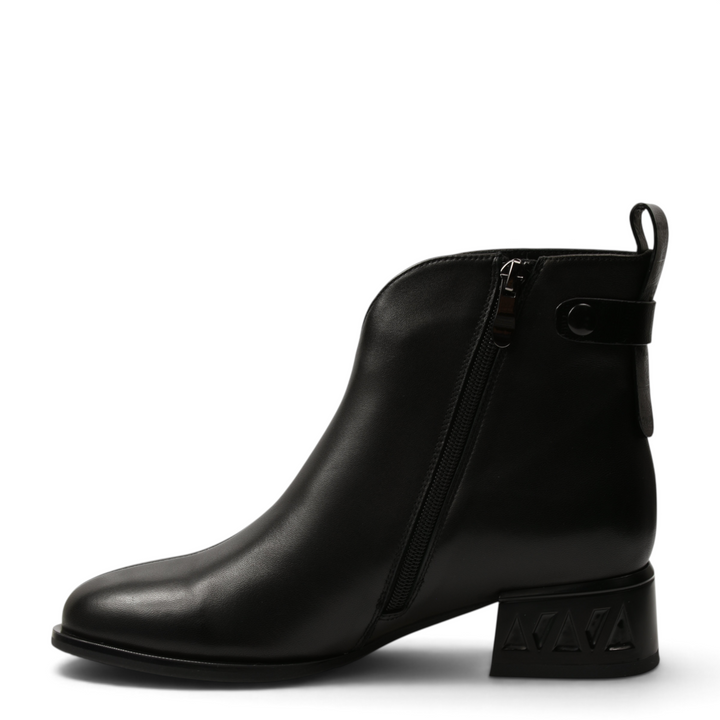 ada-shoes.ro black leather ankle boots with V-cut detail, side zipper, and geometric patterned block heel