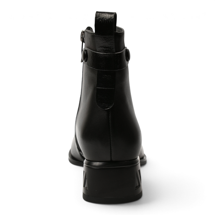 ada-shoes.ro black leather ankle boots with a stable geometric heel and rear decorative strap, back view