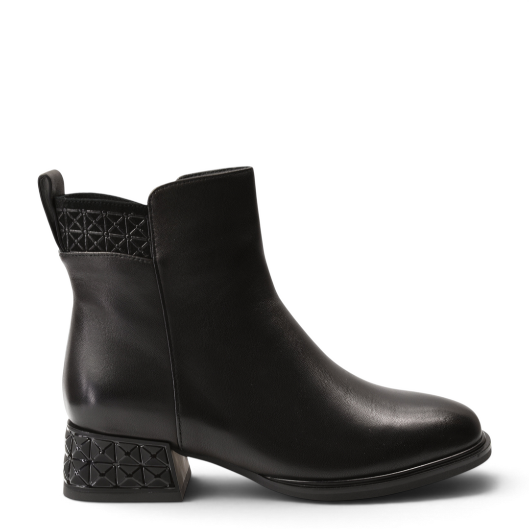 ada-shoes.ro black leather ankle boots with geometric textured heel and back detail, side view