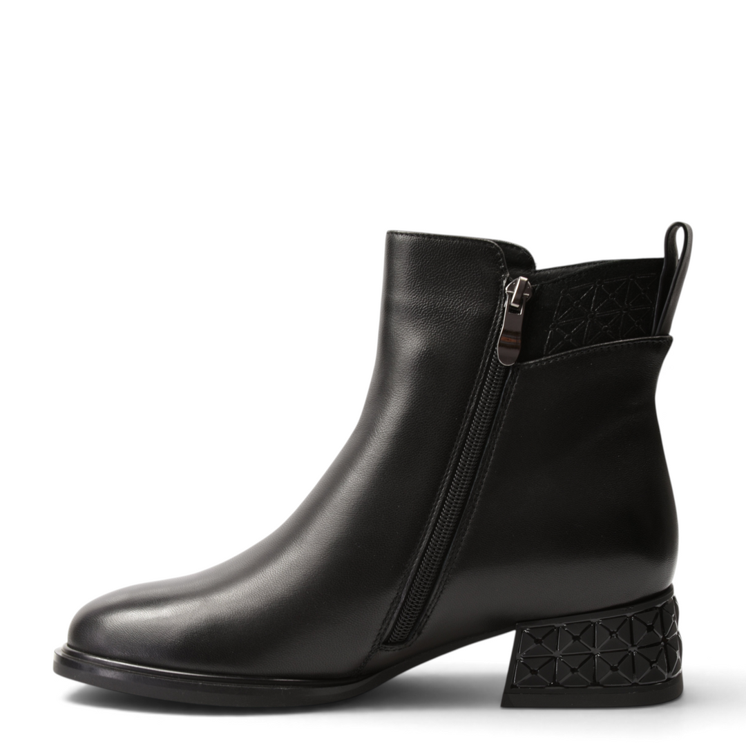 ada-shoes.ro black leather ankle boots with a low geometric textured heel and side zipper for a modern office look