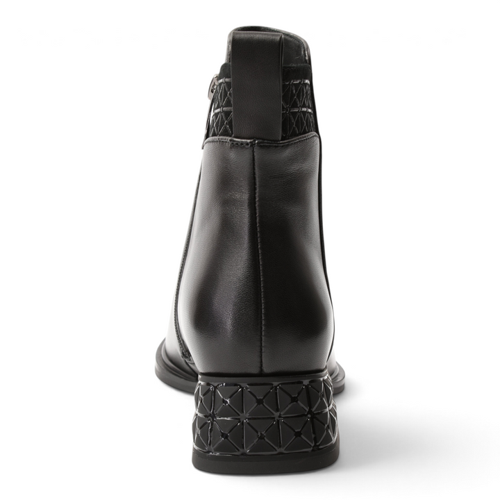 ada-shoes.ro black leather ankle boots with a low geometric textured heel and quilted back detail, rear view