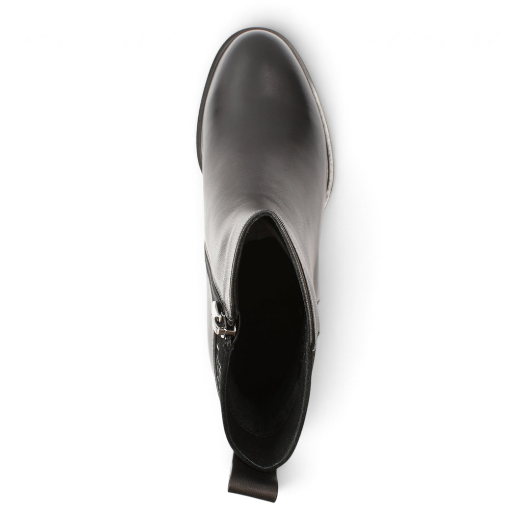 Top view of black leather ankle boots by ada-shoes.ro with a side zipper and geometric heel detail.