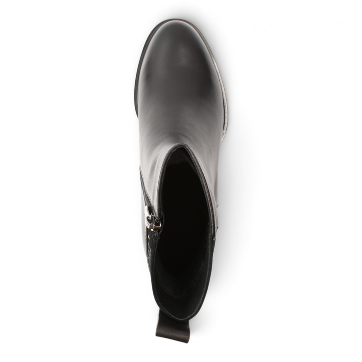 Top view of black leather ankle boots by ada-shoes.ro with a side zipper and geometric heel detail.