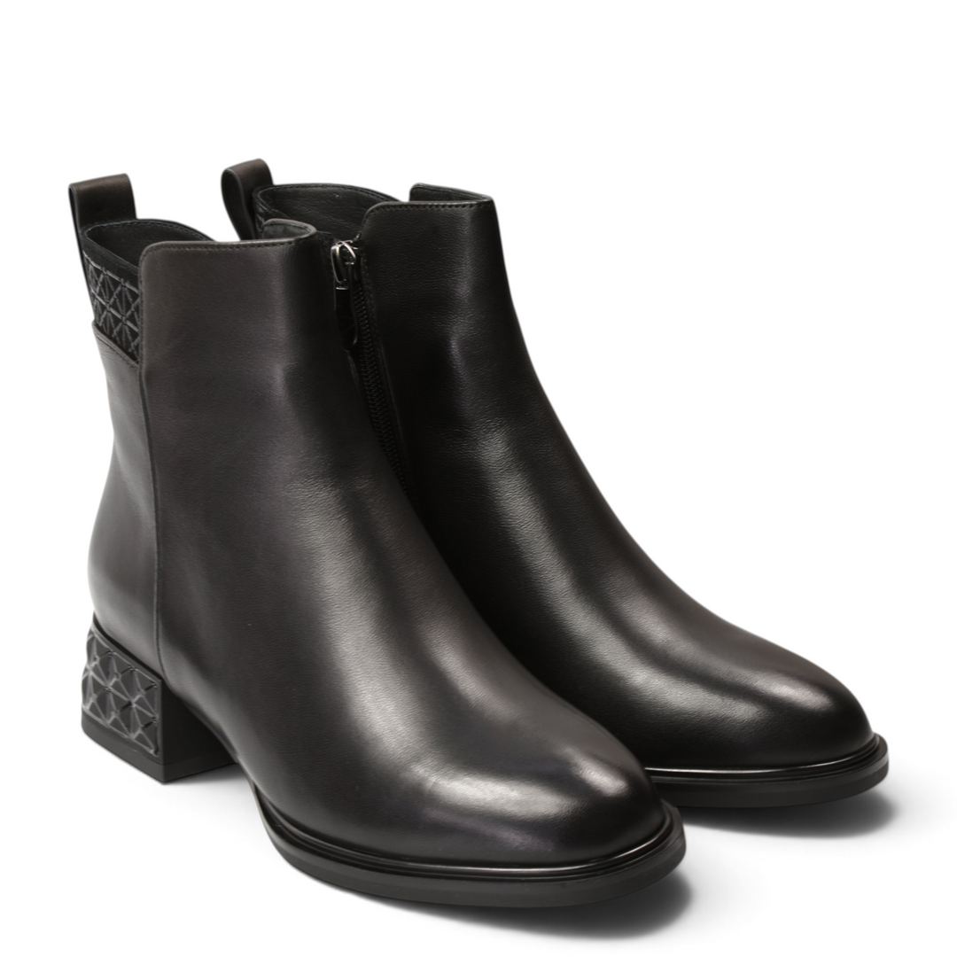 ada-shoes.ro black leather ankle boots with geometric textured block heels and side zippers