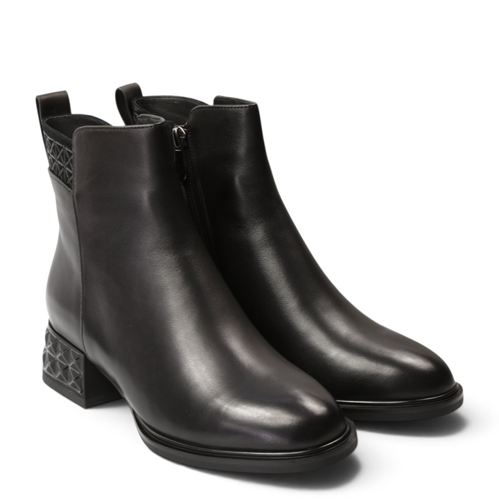 ada-shoes.ro black leather ankle boots with geometric textured block heels and side zippers