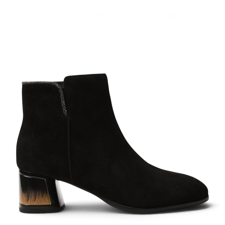 ada-shoes.ro black suede ankle boots with a medium block heel featuring a decorative wood-effect insert