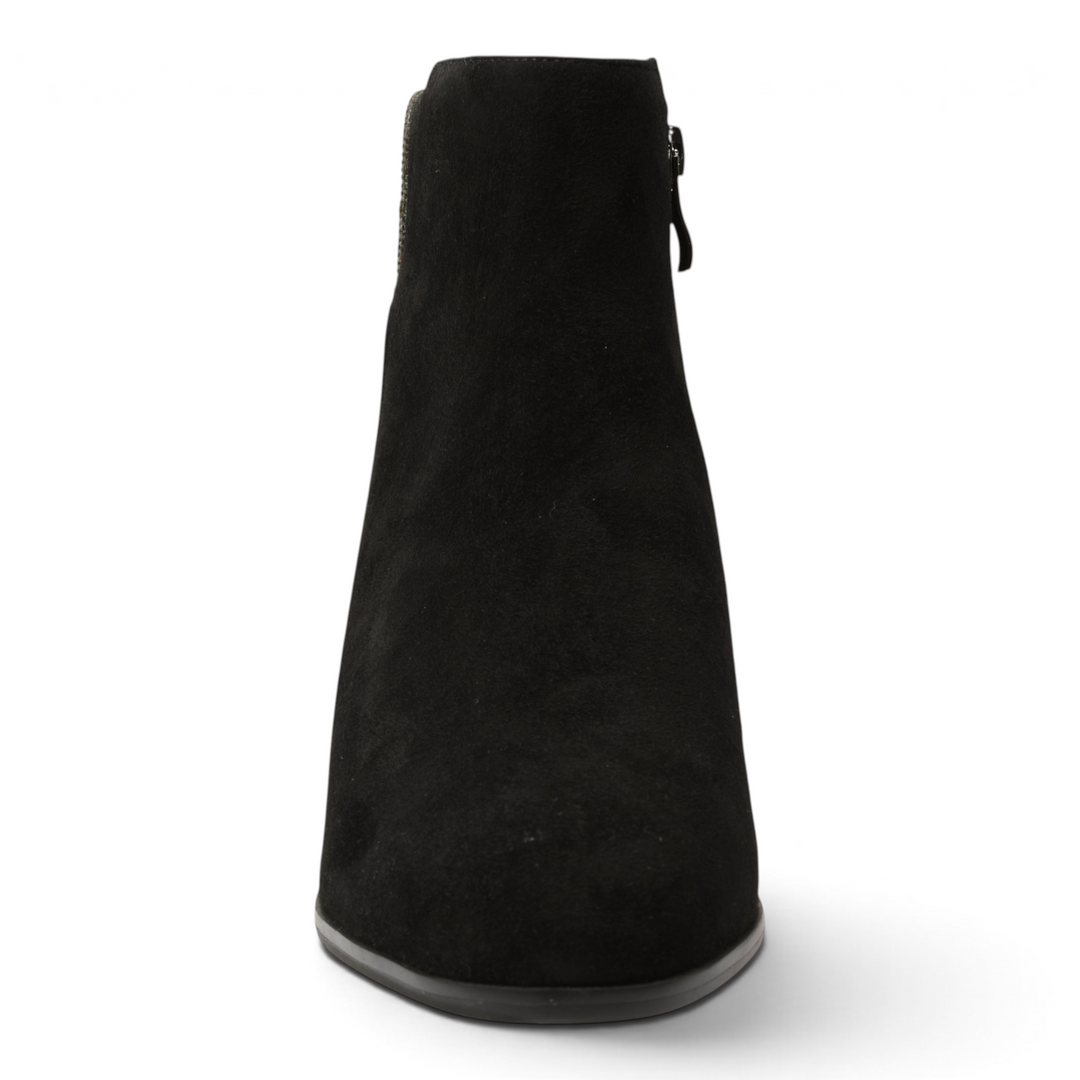 ada-shoes.ro black suede ankle boots with a minimalist design and side zipper, shown from the front.