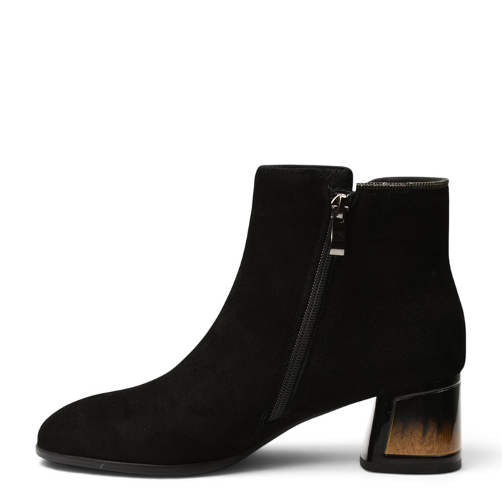 ada-shoes.ro black suede ankle boots with a side zipper and a medium block heel featuring a decorative wood-effect insert
