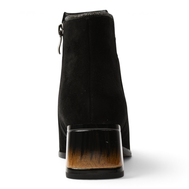 ada-shoes.ro black suede ankle boots with a stable mid-heel featuring a decorative wood-effect insert, back view