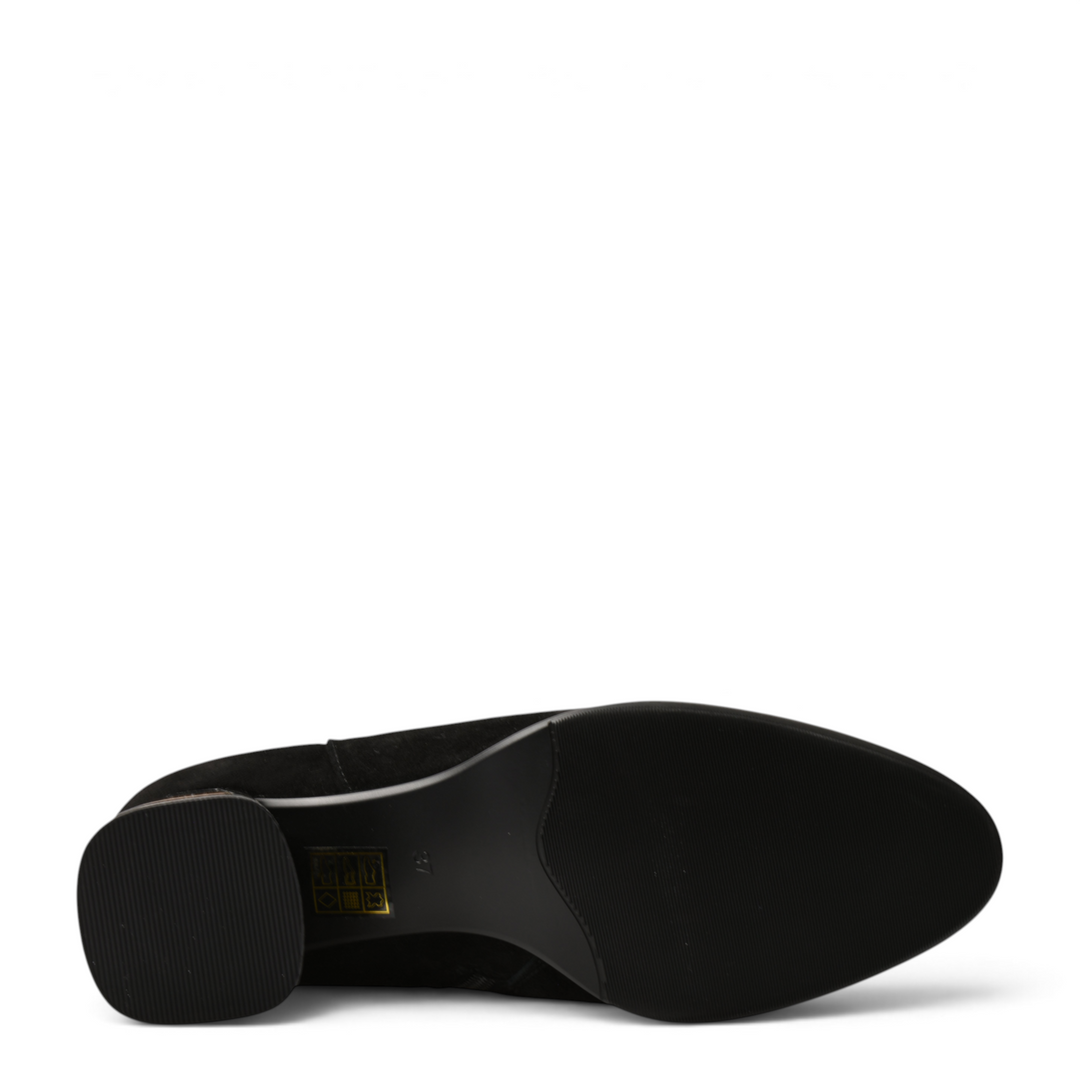 ada-shoes.ro black suede ankle boot showing the textured black sole and stable block heel from a bottom view