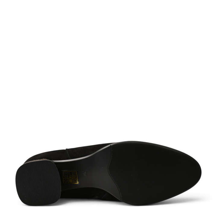 ada-shoes.ro black suede ankle boot showing the textured black sole and stable block heel from a bottom view
