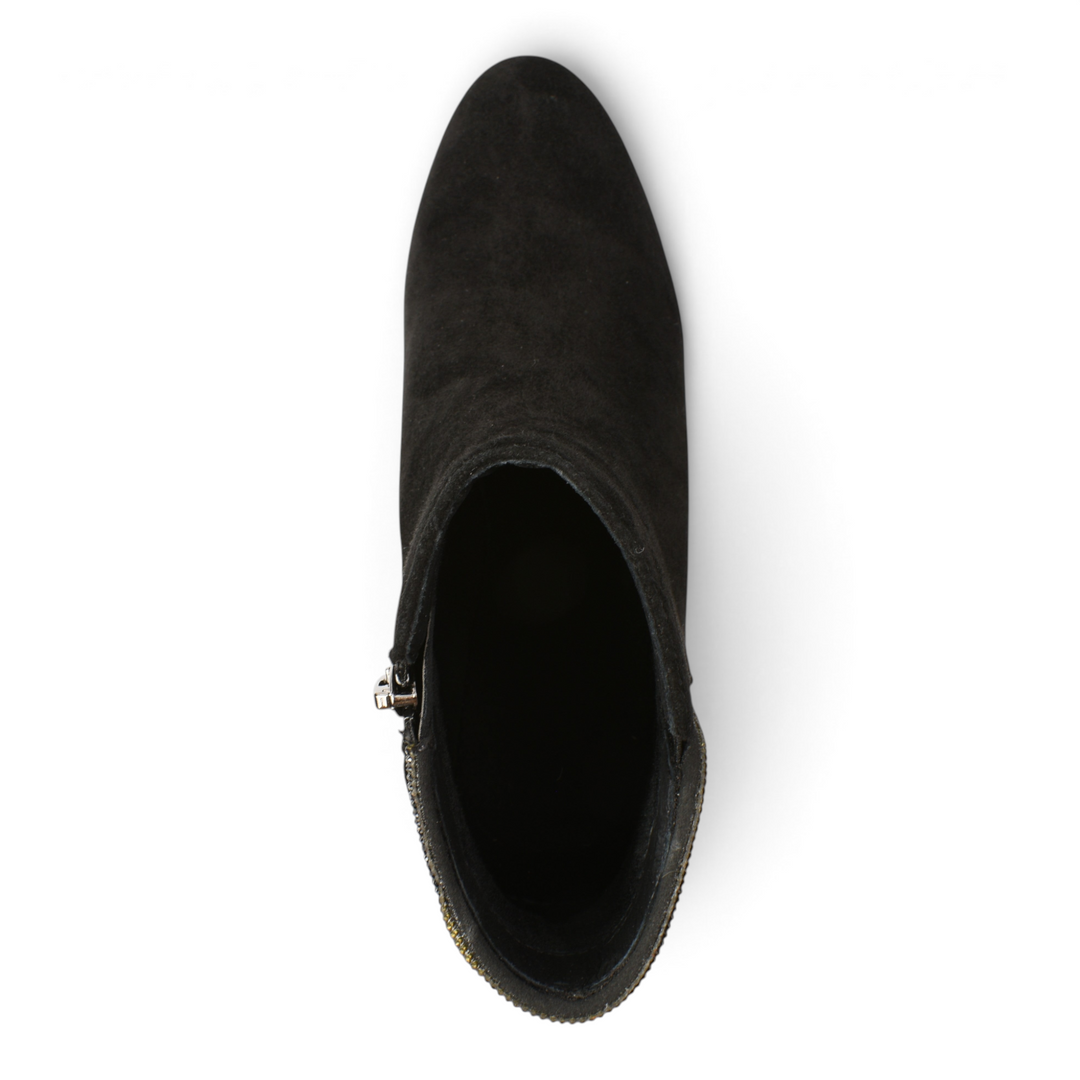 Top view of black suede ankle boots from ada-shoes.ro with a side zipper and rounded toe design.