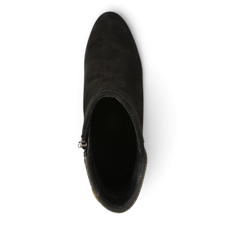Top view of black suede ankle boots from ada-shoes.ro with a side zipper and rounded toe design.