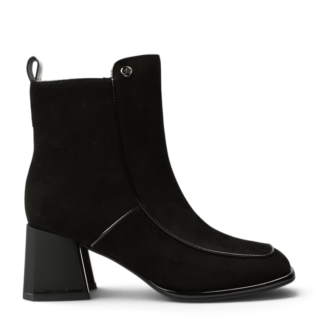 ada-shoes.ro black suede ankle boots with square toe, patent leather trim, and geometric block heel