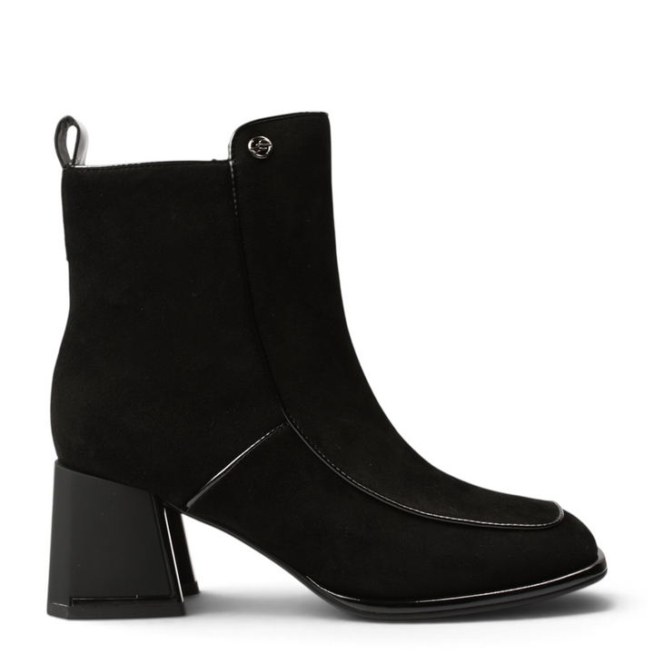 ada-shoes.ro black suede ankle boots with square toe, patent leather trim, and geometric block heel