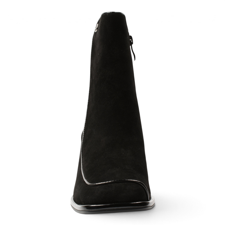 ada-shoes.ro black suede ankle boots with square toe and patent leather trim details