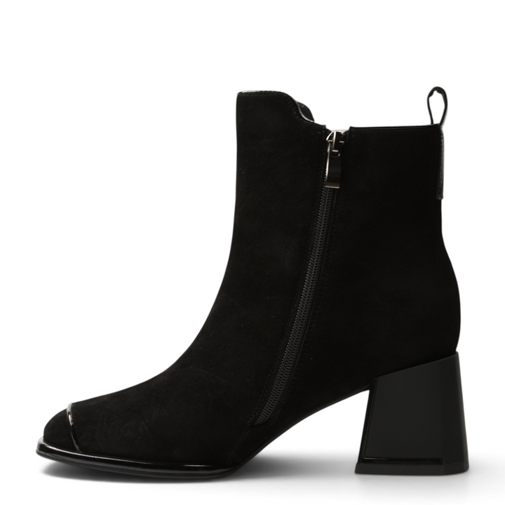 ada-shoes.ro black suede ankle boots with square toe, patent leather trim, and geometric block heel