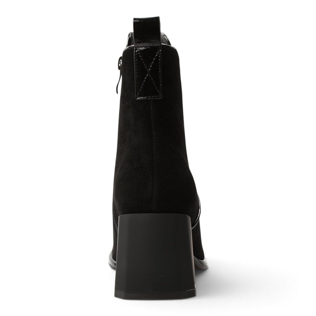 ada-shoes.ro black suede ankle boots with a block heel and pull tab, viewed from the back on a white background.