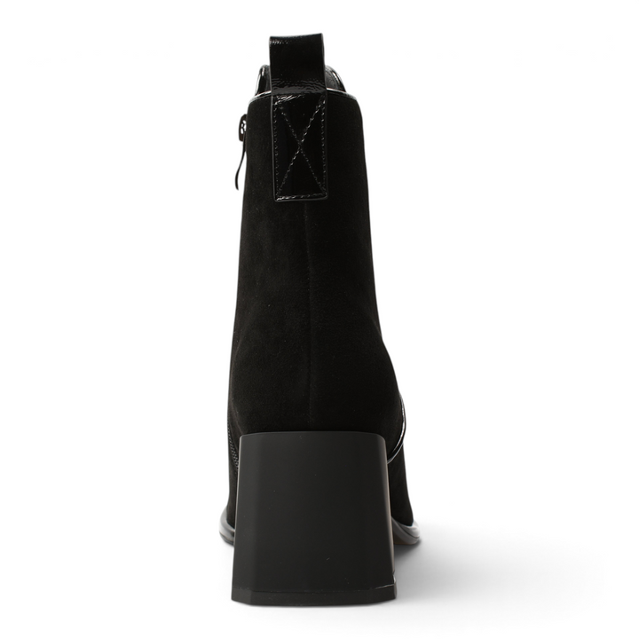 ada-shoes.ro black suede ankle boots with a block heel and pull tab, viewed from the back on a white background.