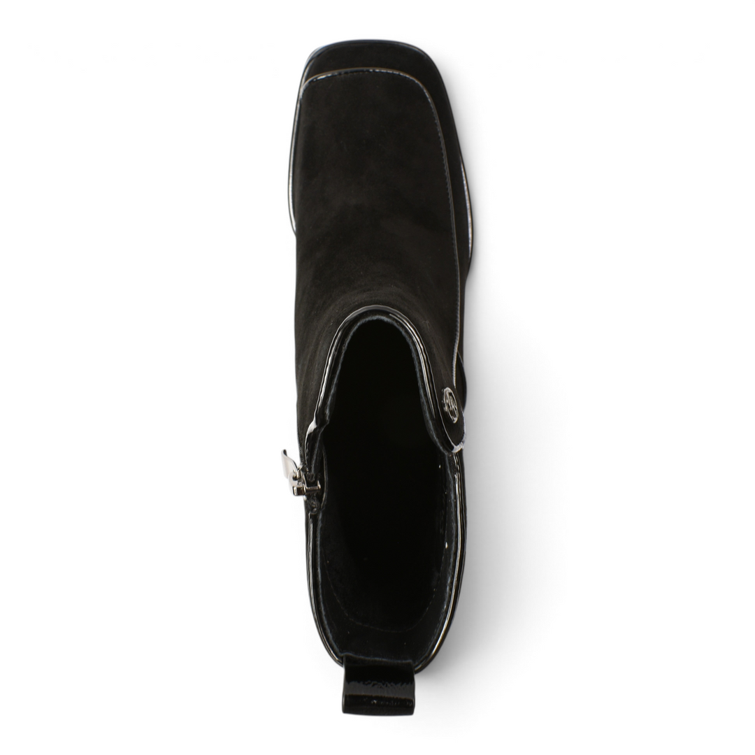ada-shoes.ro black suede ankle boots with square toe and patent leather trim, viewed from above.
