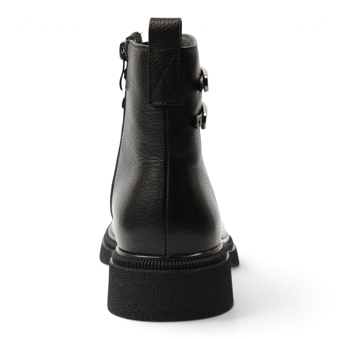 ada-shoes.ro black leather ankle boots with decorative straps and side zipper, back view