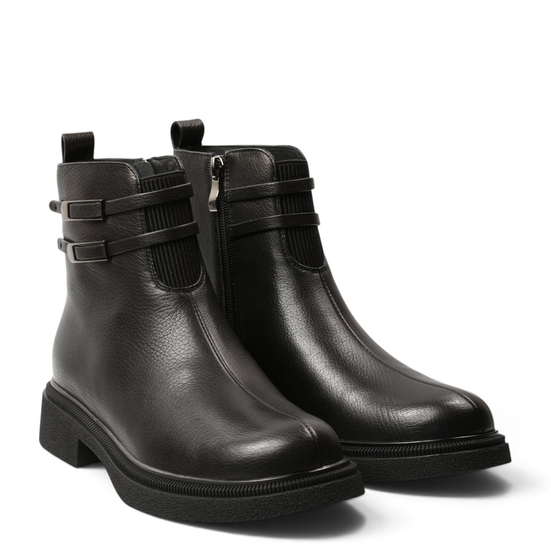 ada-shoes.ro black leather ankle boots with decorative straps and side zipper, featuring a comfortable low block heel.