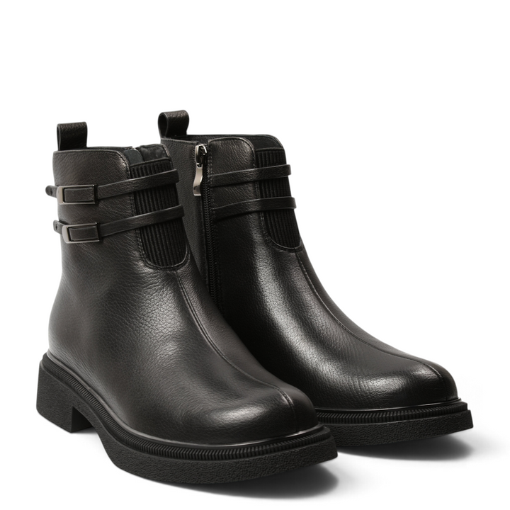 ada-shoes.ro black leather ankle boots with decorative straps and side zipper, featuring a comfortable low block heel.