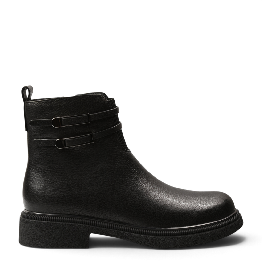 ada-shoes.ro black leather ankle boots with decorative straps and a comfortable low sole for women