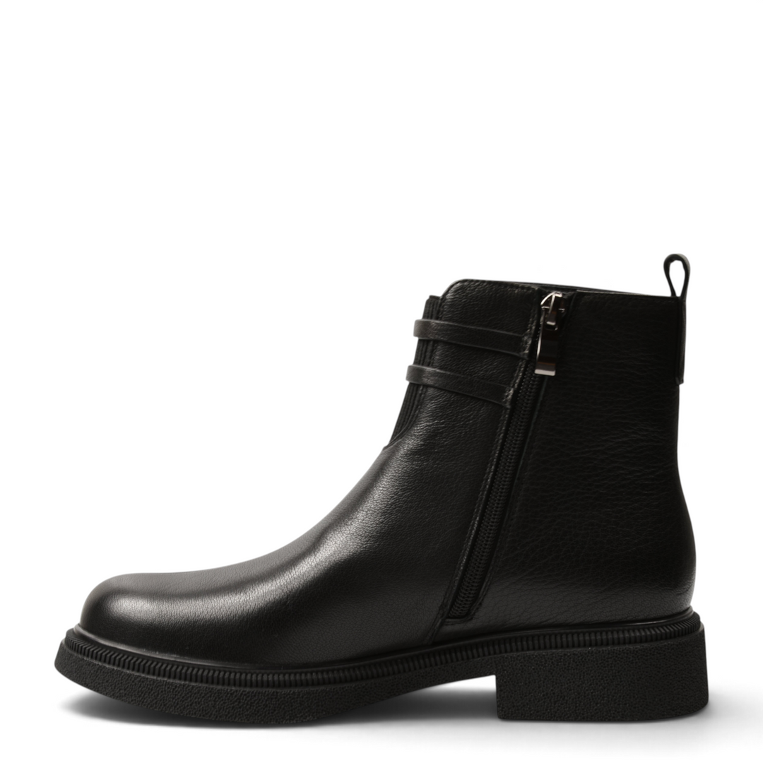 ada-shoes.ro black leather ankle boots with side zipper, decorative straps, and a comfortable low block heel.