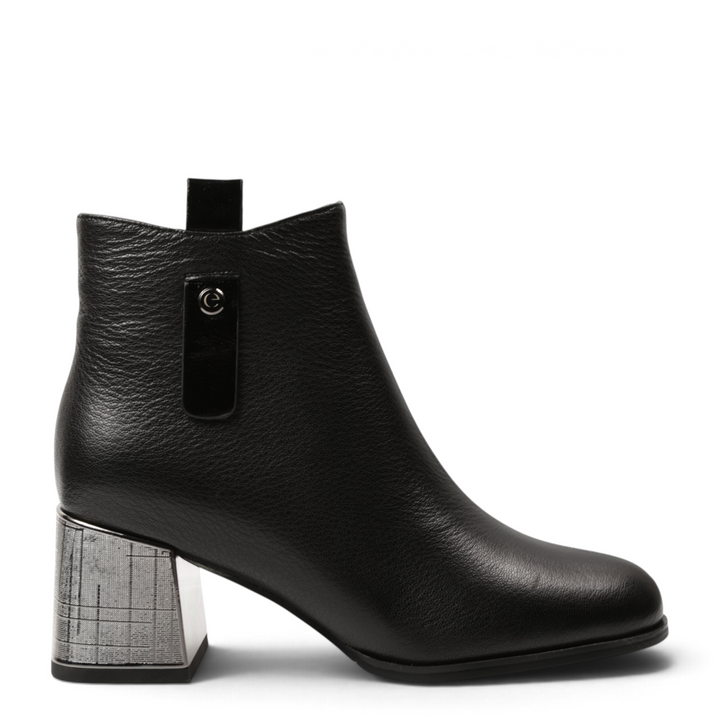 ada-shoes.ro Epica black leather ankle boots with a metallic geometric block heel and side logo detail