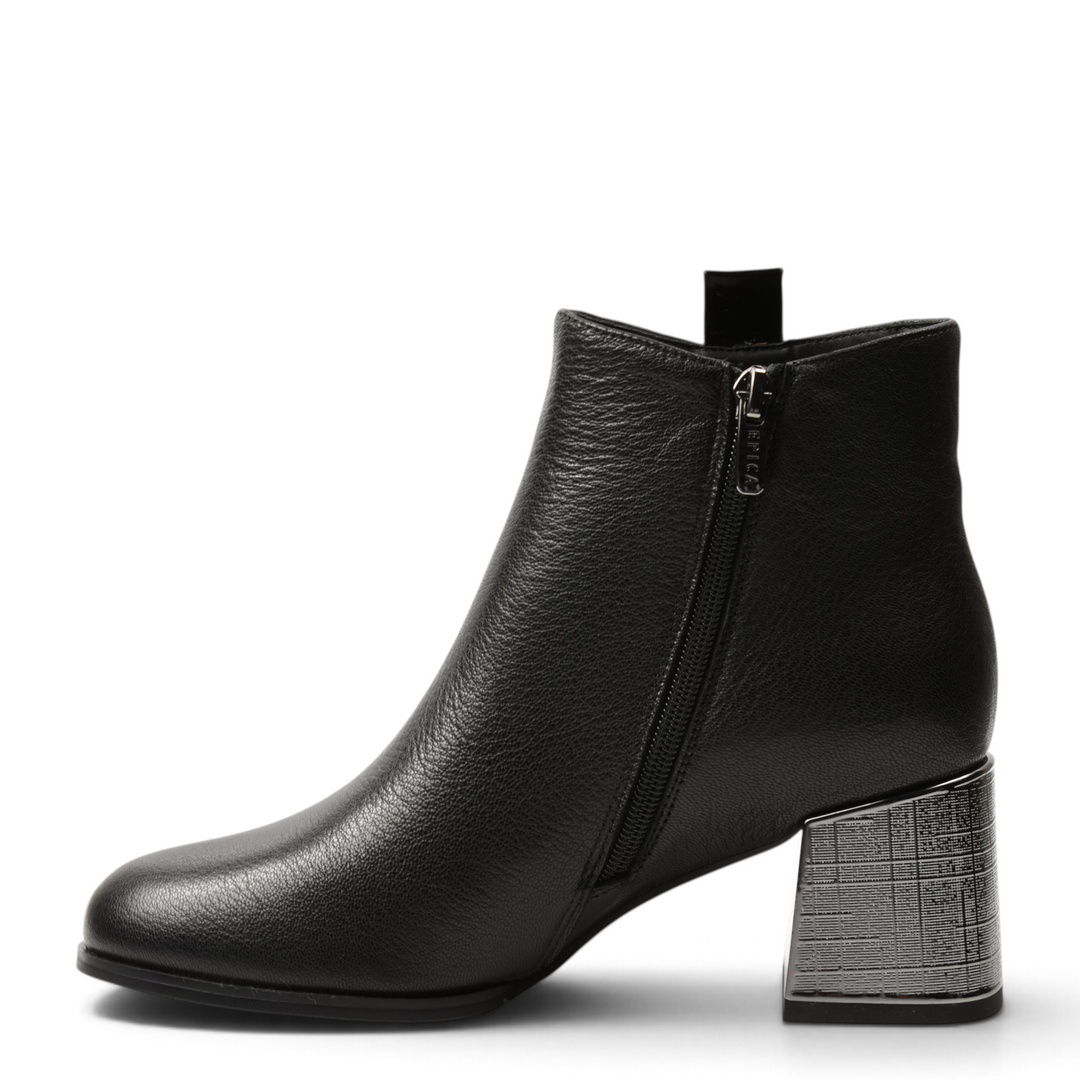 ada-shoes.ro Epica black leather ankle boots with a metallic geometric block heel and side zipper closure.