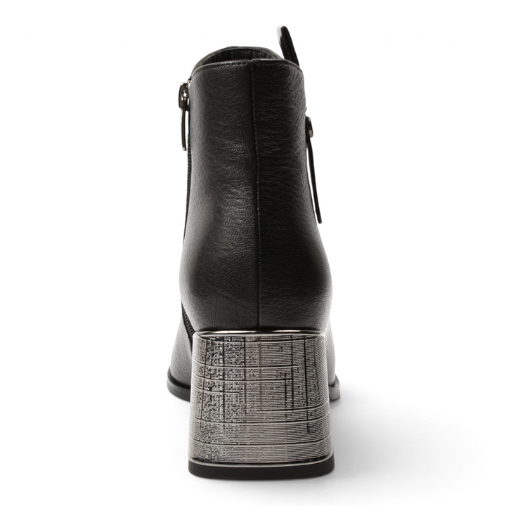 ada-shoes.ro Epica black leather ankle boots with a metallic geometric patterned block heel, back view