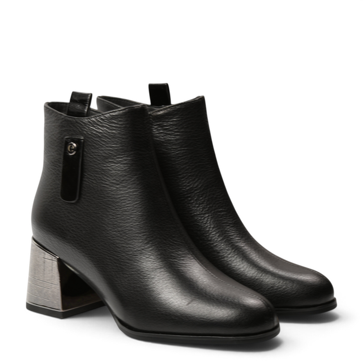 ada-shoes.ro Epica black leather ankle boots with a metallic geometric block heel and side logo detail