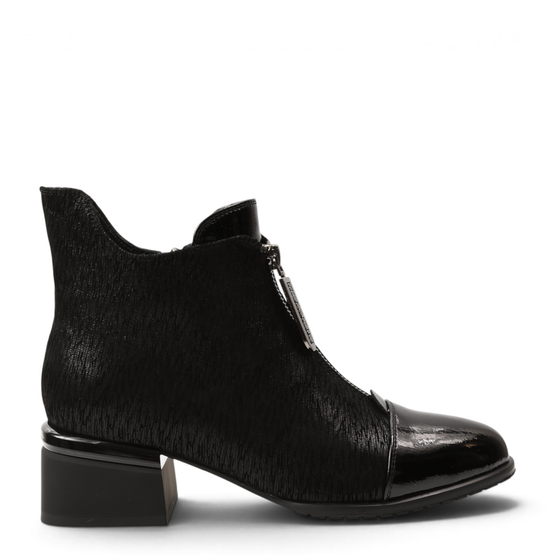 ada-shoes.ro Feeling Epica black leather ankle boots with patent toe, textured shaft, and front metallic zipper