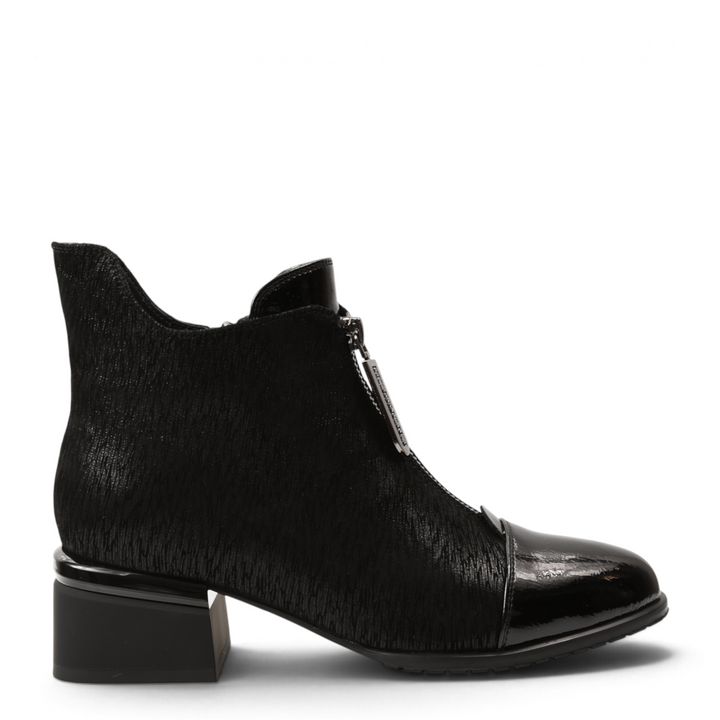 ada-shoes.ro Feeling Epica black leather ankle boots with patent toe, textured shaft, and front metallic zipper