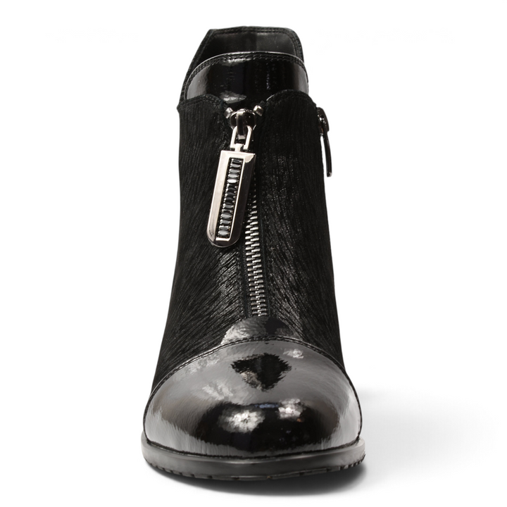 ada-shoes.ro Feeling Epica black leather ankle boots with patent toe, textured shaft, and front metallic zipper