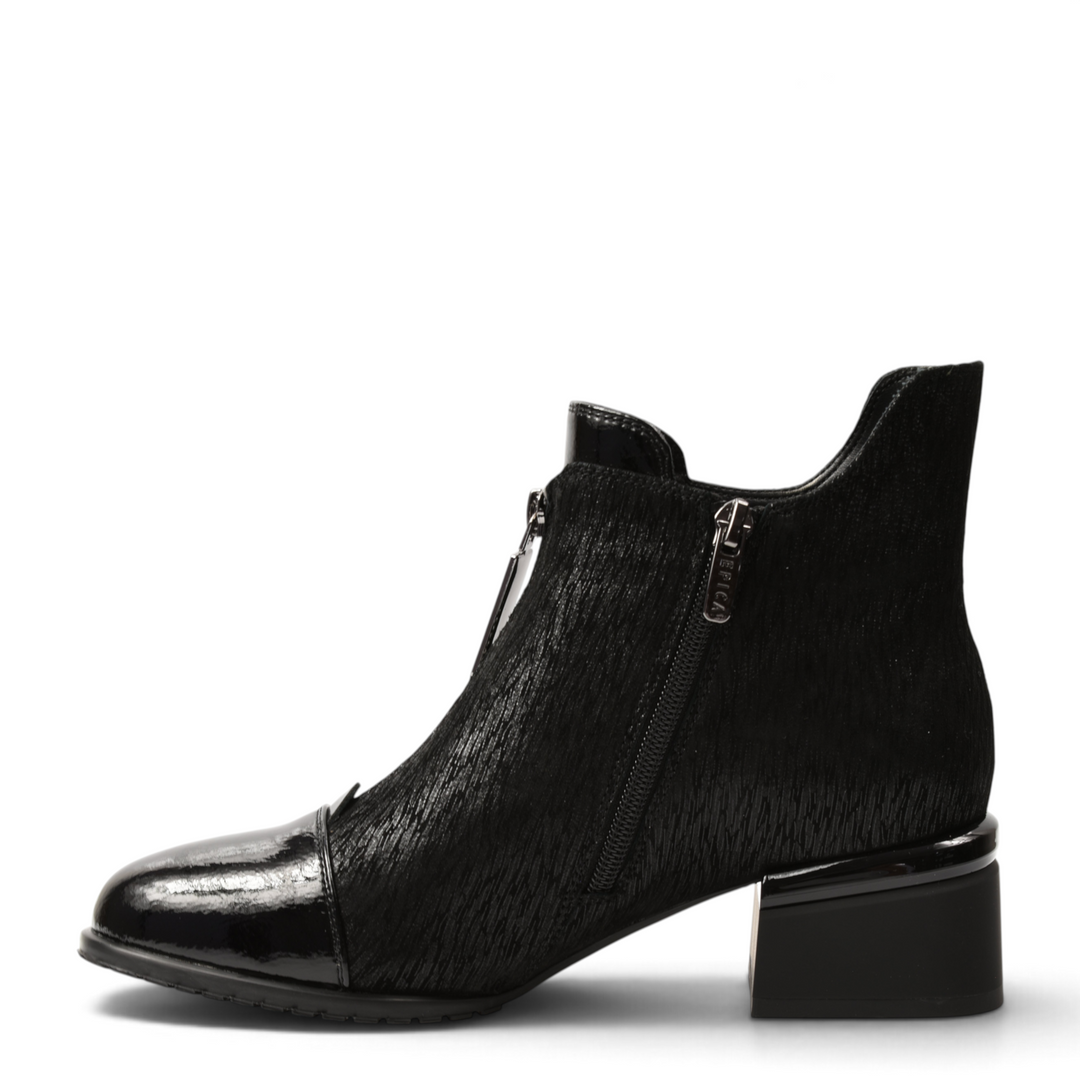 ada-shoes.ro Epica black leather ankle boots with patent toe, textured shaft, front zipper, and block heel